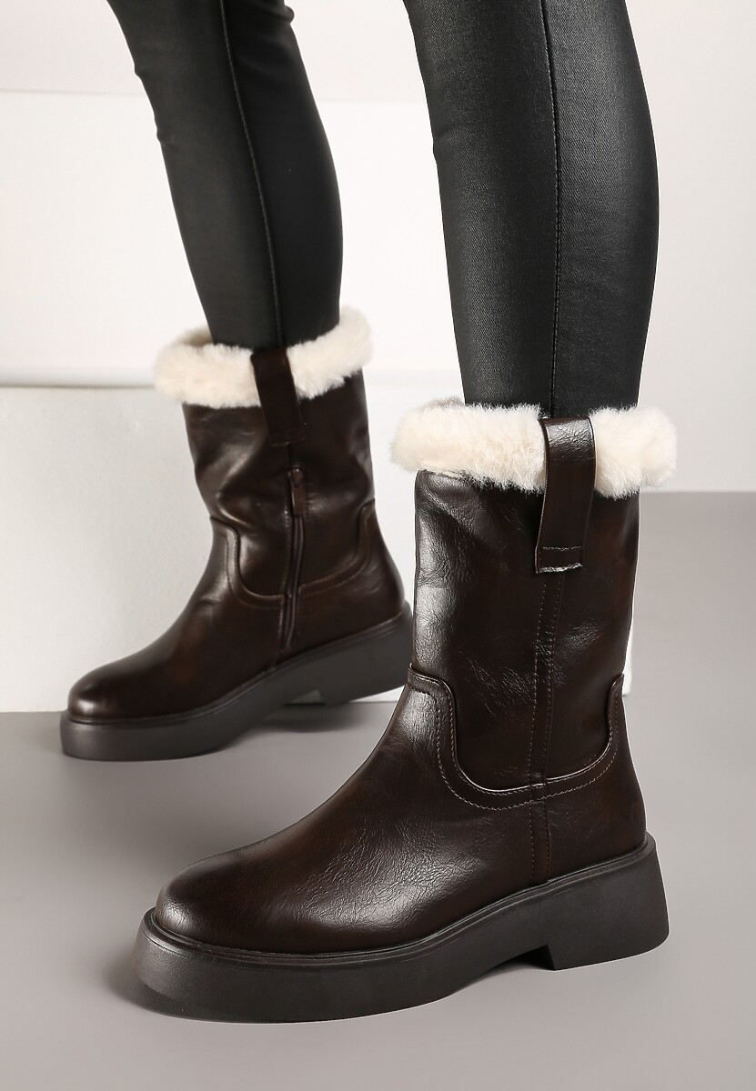 Brązowe Botki na Płaskiej Podeszwie z Futerkiem na Cholewce Izafrina