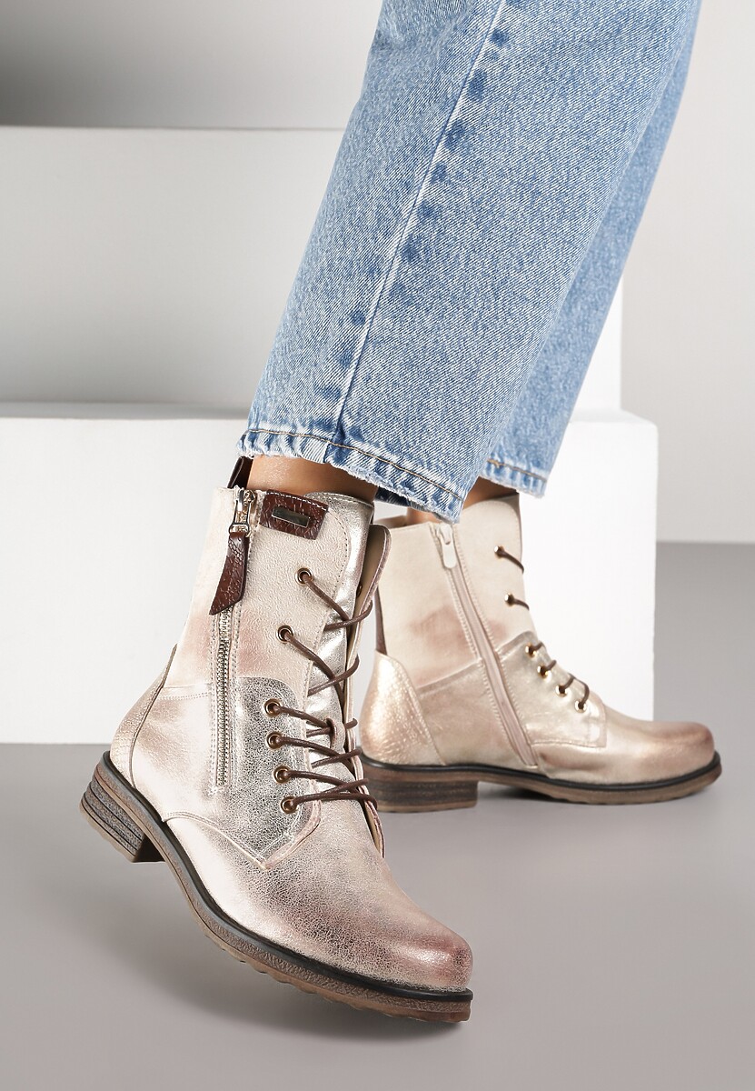 Złote Botki w Stylu Vintage ze Sznurowaniem Vemlora