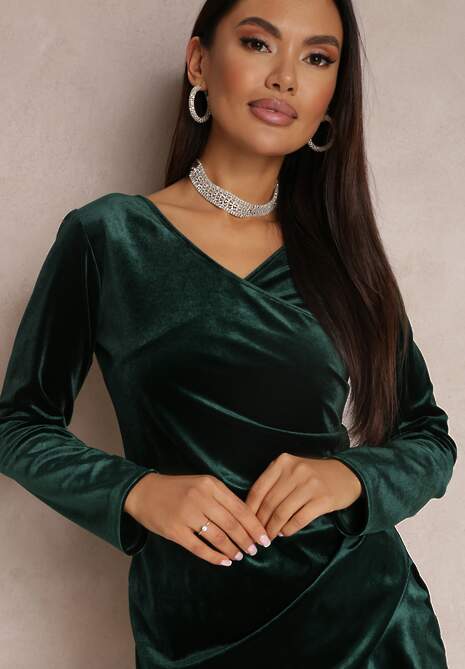 Ciemnozielona Sukienka Welurowa z Marszczeniem i Falbanką Moke