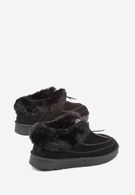 Czarne Śniegowce na Platformie Ozdobione Haftem i Futerkiem Linedis