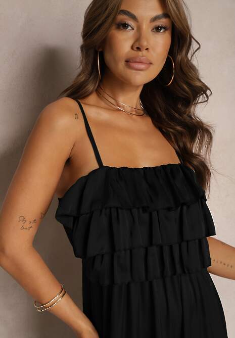 Czarny Koktajlowy Kombinezon na Ramiączkach z Regulacją i Gumką w Talii Uesvia