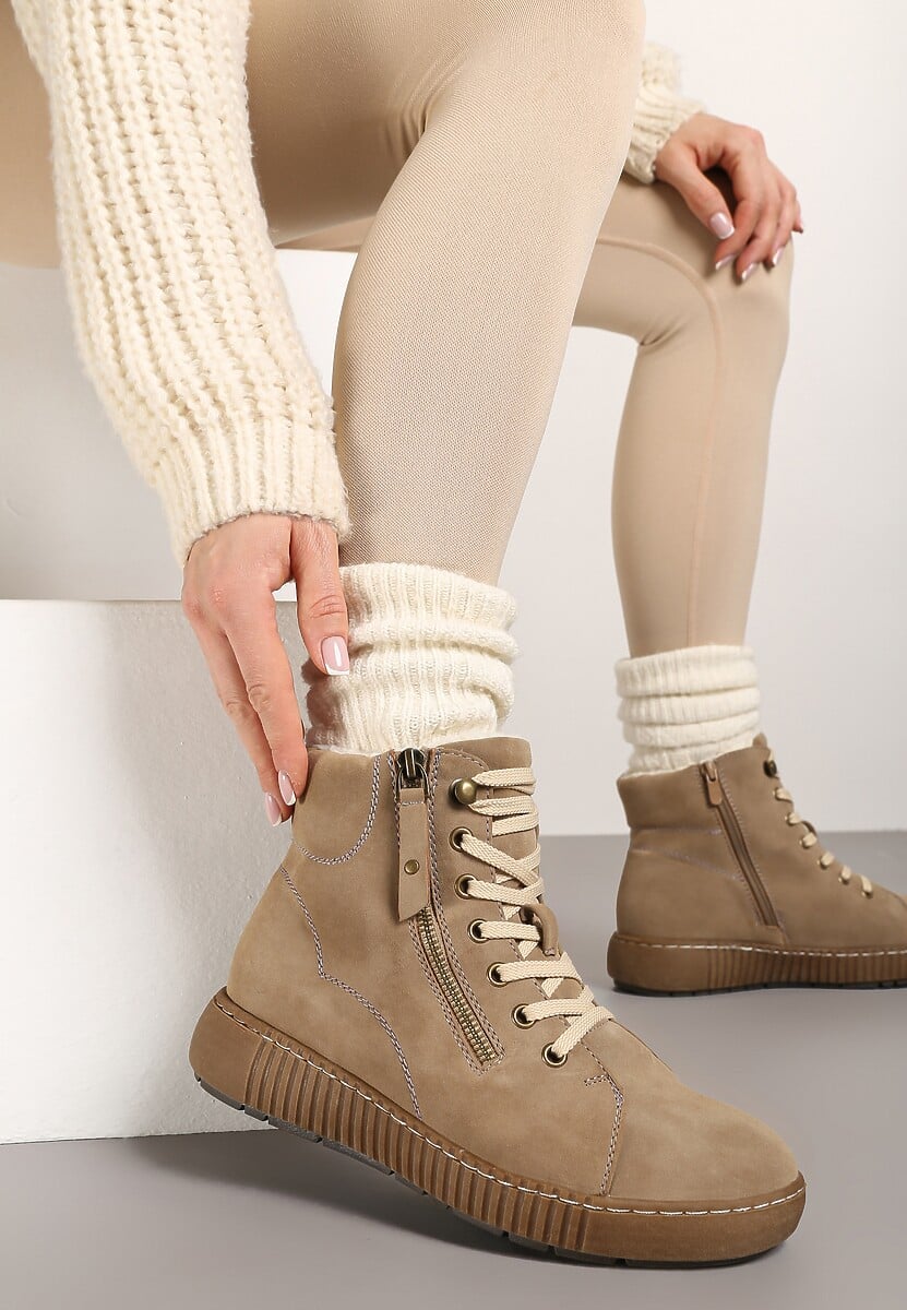 Brązowe Traperki Sportowe ze Sznurowaniem i Ociepleniem Persetina