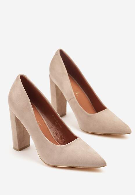 Ciemnobeżowe Klasyczne Czółenka Vices na Słupkowym Obcasie ze Skórzaną Wkładką Divira