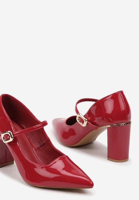 Bordowe Lakierowane Czółenka z Elegancką Klamerką na Słupku Naonisia