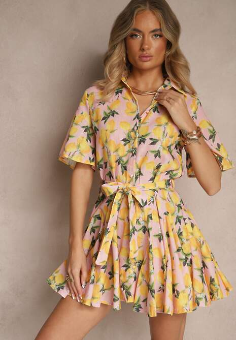 Różowa Rozkloszowana Sukienka Koszulowa z Wiązanym Paskiem i Krótkim Rękawem Lavialane