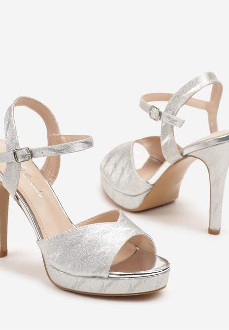Srebrne Sandały Szpilki z Platformą w Abstrakcyjny Wzór Lisanitia