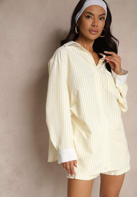 Żółta Koszula Ozdobiona Kieszonką i Paskami Zarindia