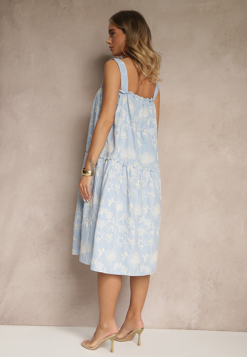 Niebieska Kwiatowa Sukienka z Bawełny z Haftami Lilurine