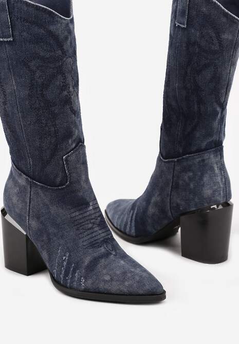 Granatowe Botki na Słupku w Stylu Kowbojek Ozdobione Haftem Laorina