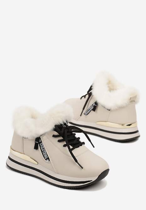 Beżowe Sznurowane Botki Sneakersy z Futerkiem Gameda
