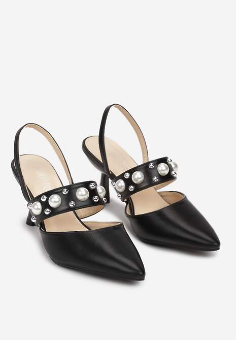 Czarne Wsuwane Sandały na Szpilce z Ozdobnym Paskiem z Perłami Elisma
