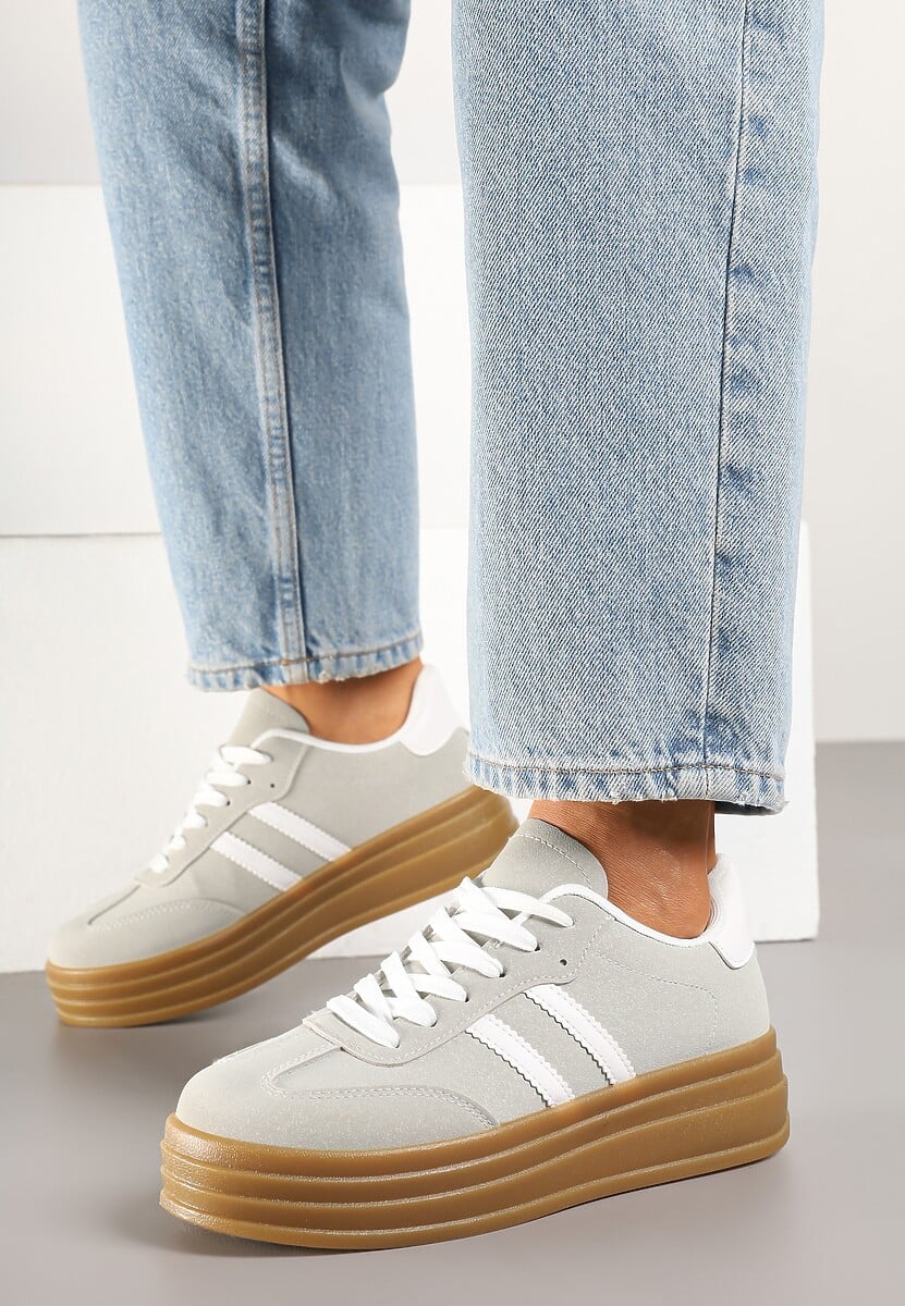 Beżowo-Szare Sneakersy w Stylu Tenisówki z Paskami Hirnelia