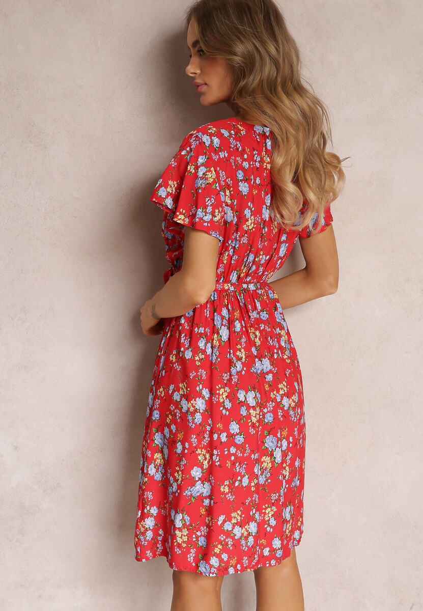 Czerwona Wiskozowa Sukienka Midi w Kwiaty z Gumką w Pasie i Materiałowym Paskiem Aidenia