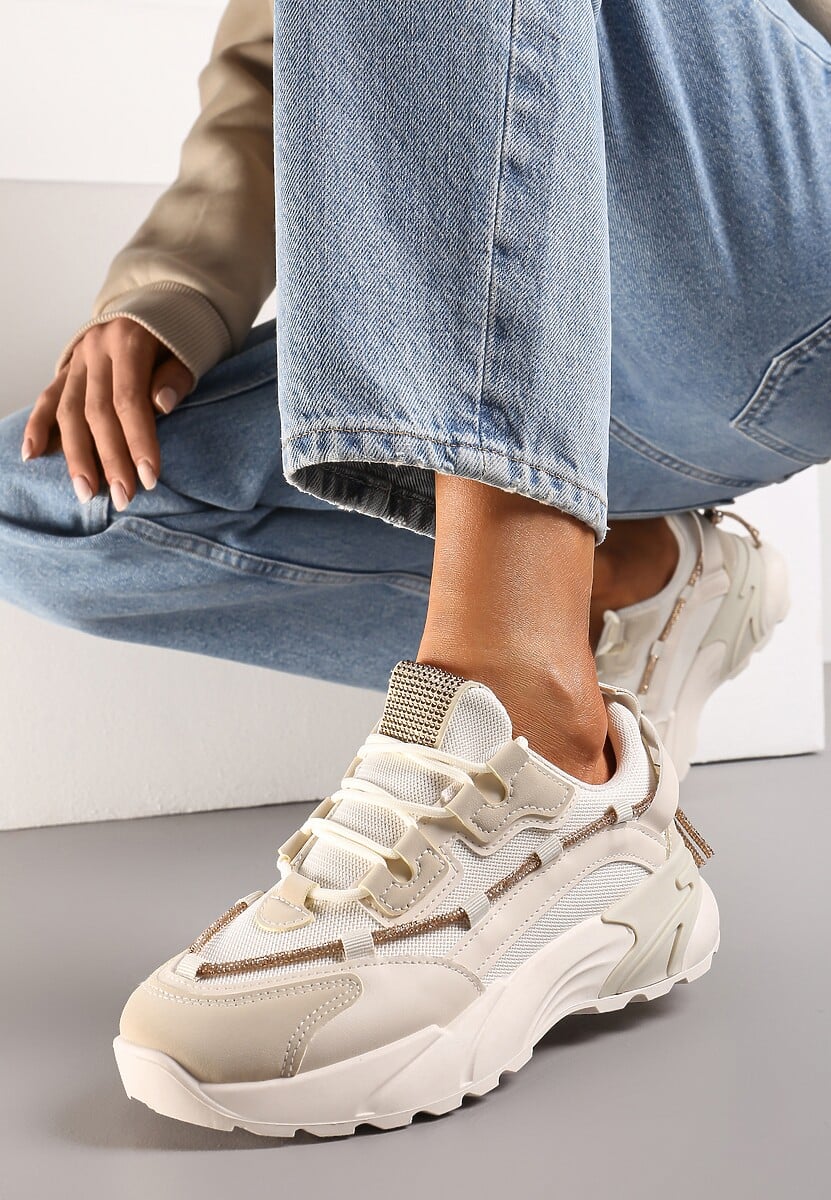 Beżowe Sneakersy  z Ozdobnym Sznurkiem z Cyrkoniami Saerina