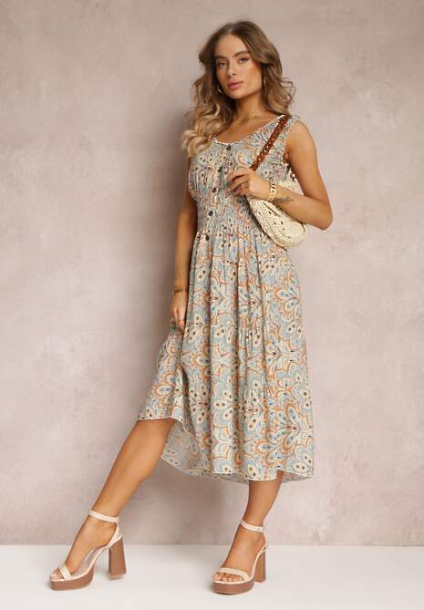 Miętowo-Brązowa Kwiecista Sukienka Midi z Cienkimi Gumkami w Talii i Falbankami Jallia