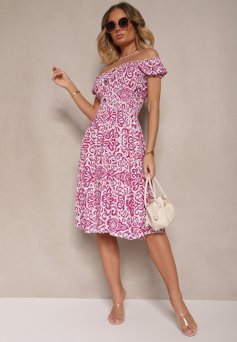 Różowa Sukienka Bawełniana z Gumką w Talii i Ornamentalnym Printem Natilessae