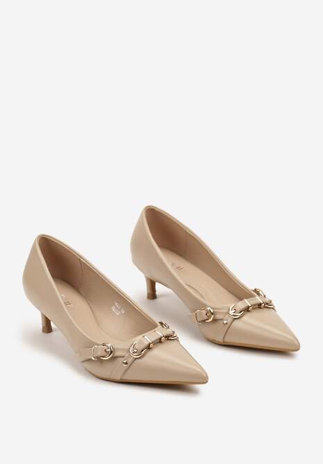 Beżowe Czółenka z Obcasem Stiletto i Ozdobnymi Klamrami Annamora