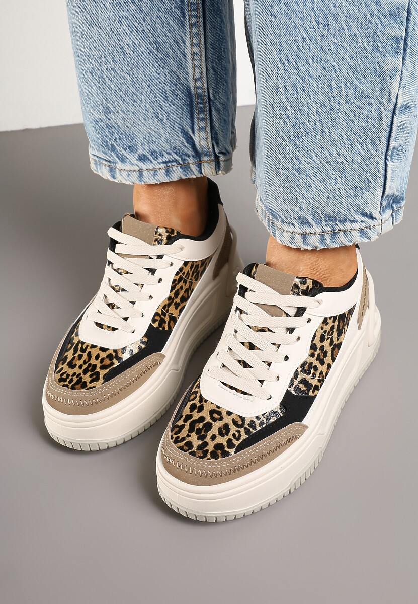 Beżowo-Brązowe Sneakersy na Tłoczonej Platformie Ozdobione Wzorem w Panterkę Deoranae