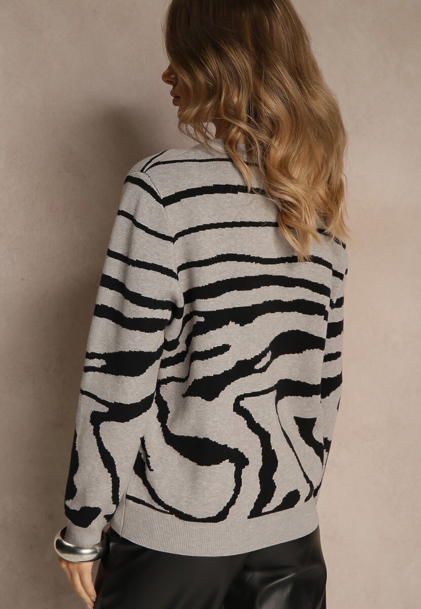 Szary Klasyczny Sweter w Zebrę Unarella