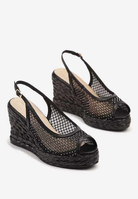 Czarne Sandały na Koturnie ze Skórzaną Wkładką Cyrkoniami i Siateczkową Cholewką Arvi