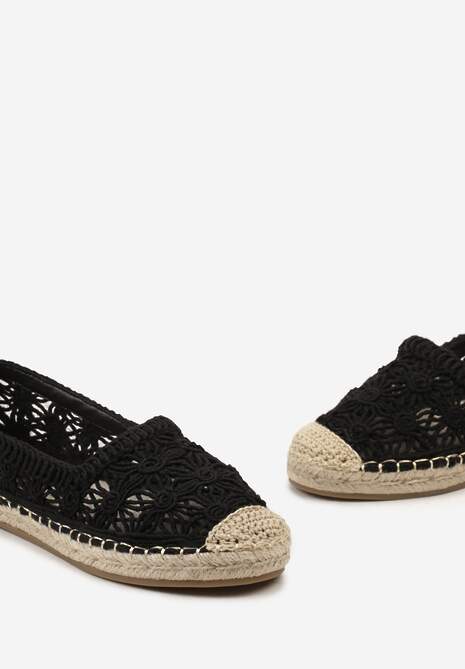 Czarne Espadryle na Plecionej Podeszwie z Ażurową Cholewką z Kwiatami Wavelet