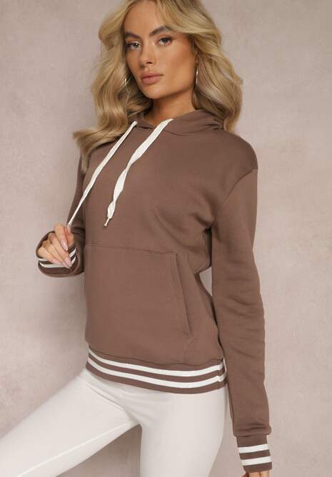 Brązowa Bluza Kangurka z Bawełny ze Ściągaczami w Paski i Kapturem Gaiana