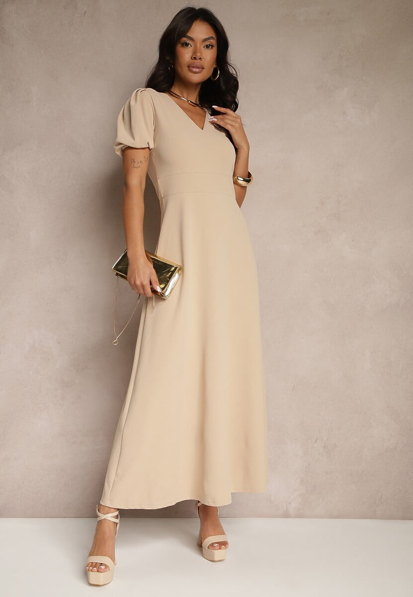 Jasnobeżowa Rozkloszowana Sukienka z Lekko Bufiastymi Rękawami i Dekoltem V Efrusae