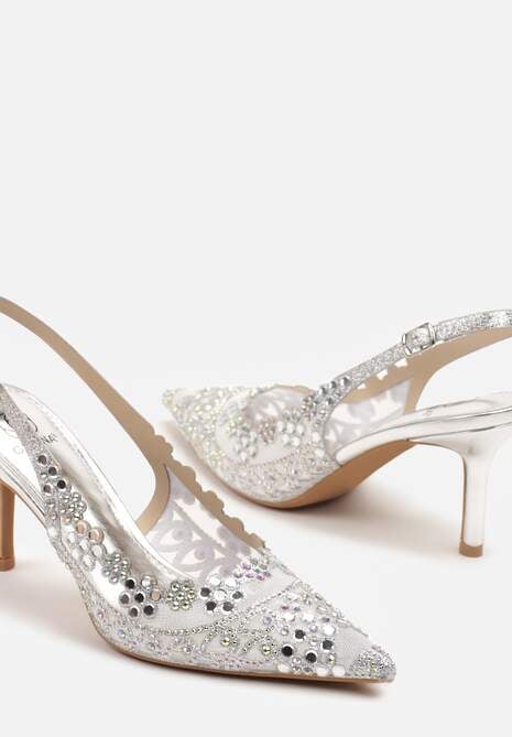 Srebrne Sandały Slingback na Szpilce Zdobione Cyrkoniami Korioliana