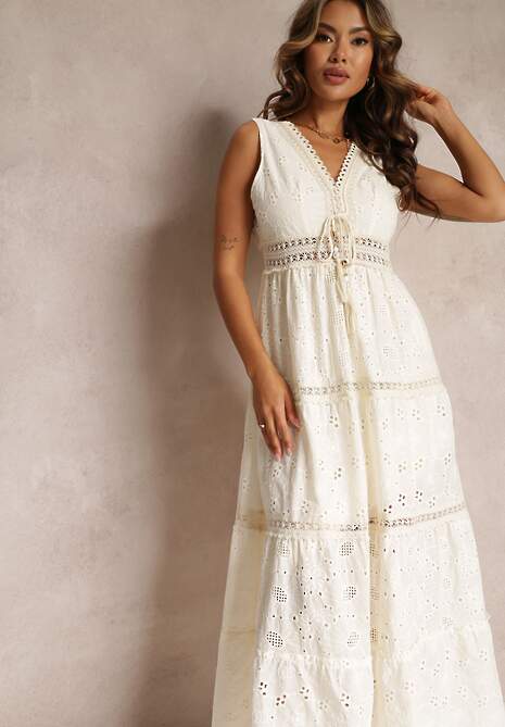 Beżowa Bawełniana Sukienka Maxi z Haftowanej Tkaniny Jive