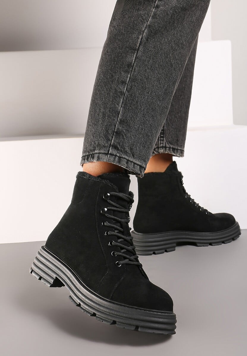 Czarne Traperki na Grubej Podeszwie z Futerkowym Zdobieniem Narinora