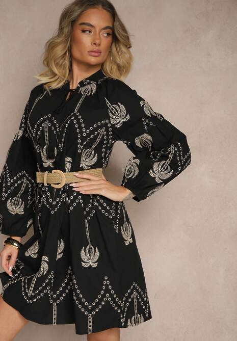 Czarna Bawełniana Sukienka Ozdobiona Palmowym Haftem Sarlio