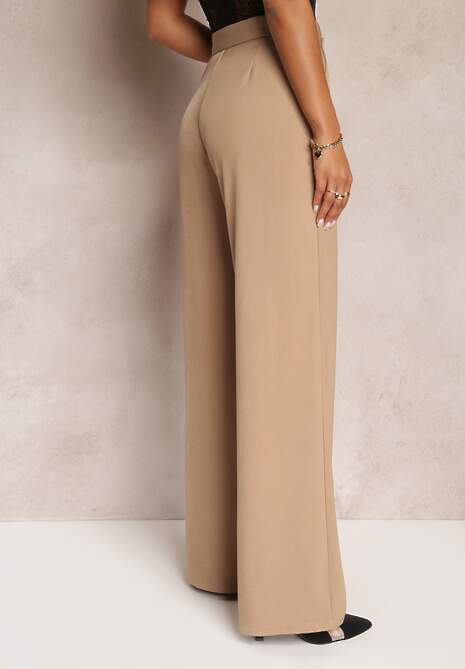 Ciemnobeżowe Szerokie Spodnie z Zapięciem na Haczyk Brutris