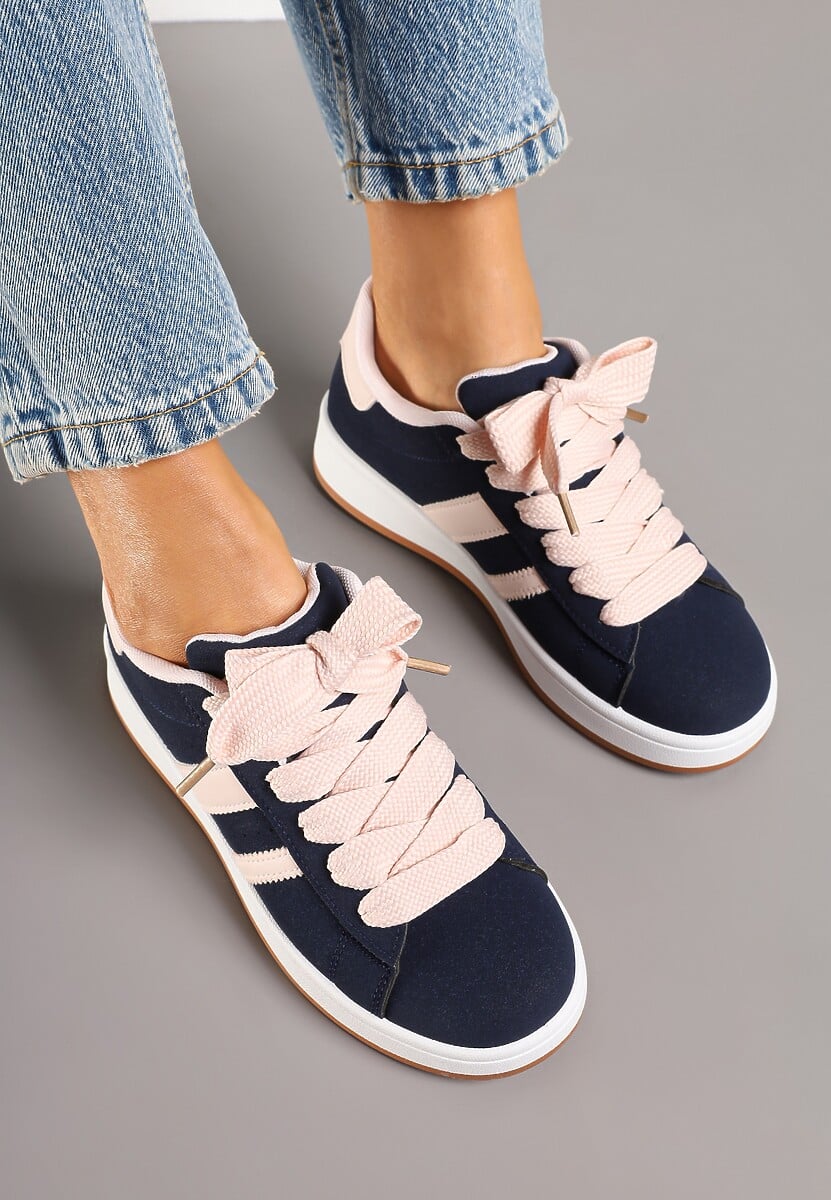 Granatowo-Różowe Sneakersy na Niskiej Platformie z Naszywkami Flordexia
