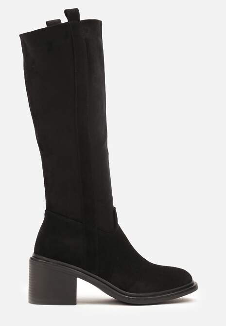 Czarne Kozaki Oficerki Vices na Obcasie Zdobione Paskami przy Cholewce Giorela