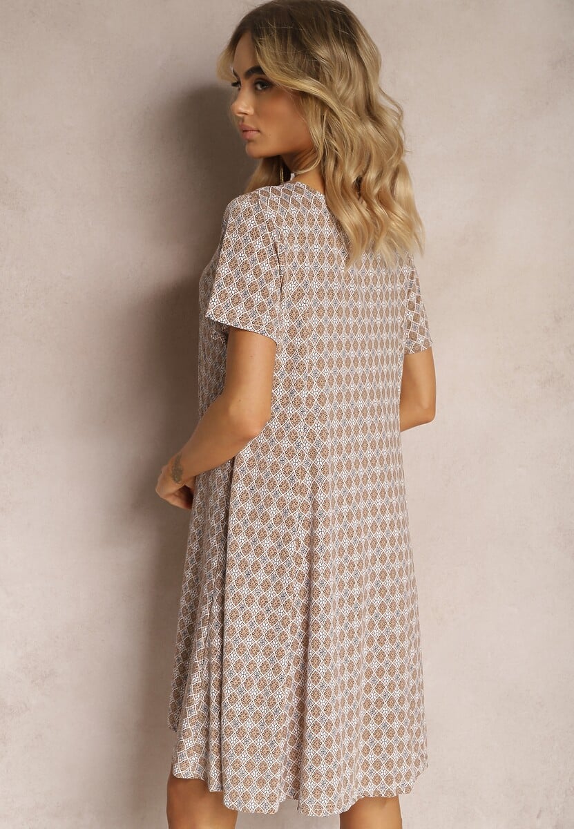 Brązowo-Beżowa Sukienka Mini z Wiskozy z Rozkloszowanym Dołem Lontassa