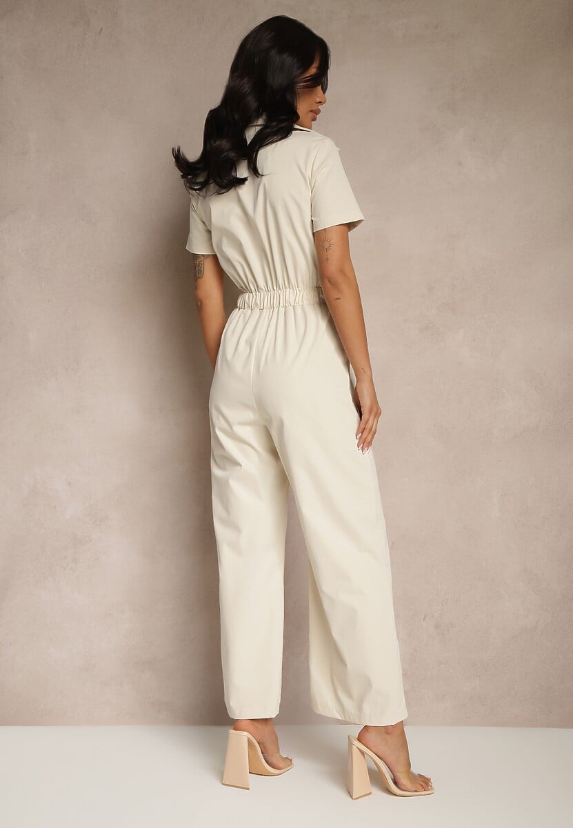 Beżowy Kombinezon Wide Leg z Kołnierzykiem Suwakiem i Krótkim Rękawem Jenaralitia