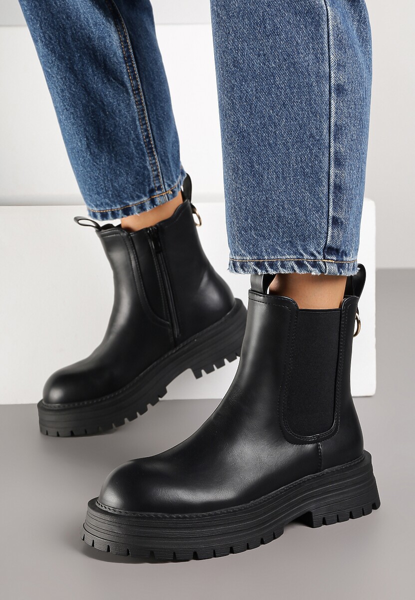 Czarne Botki Sztyblety na Platformie z Tłoczeniem Zarillea