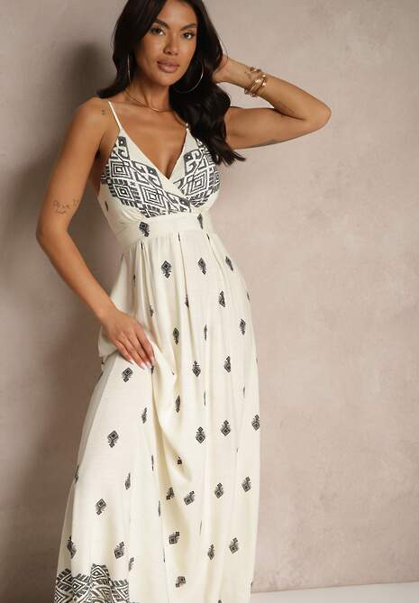 Kremowo-Czarna Kopertowa Sukienka na Ramiączkach z Bawełny z Wiązanym Paskiem Reveesia