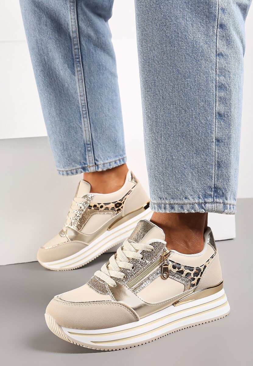 Beżowe Sneakersy z Metalicznymi Wstawkami i Brokatem na Grubej Podeszwie Anova
