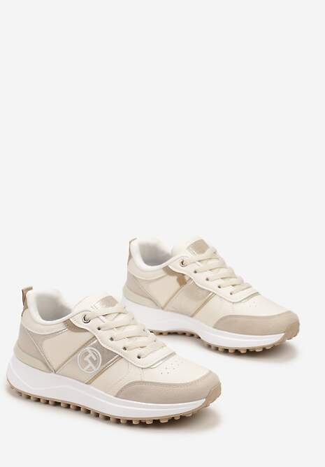 Beżowe Sznurowane Sneakersy z Brokatem i Siateczką na Grubej Podeszwie Leviria