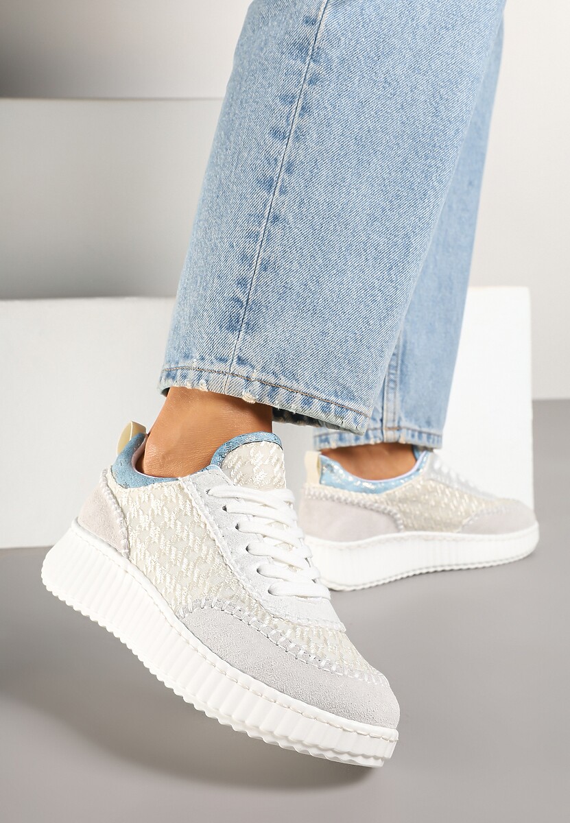 Jasnoszare Sneakersy ze Skóry Naturalnej z Tweedową Wstawką Varelna