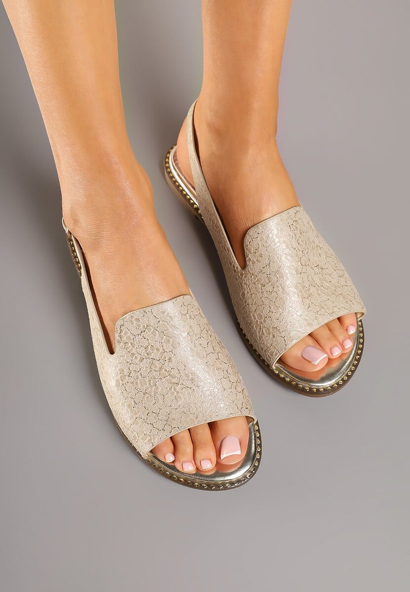 Złoto-Beżowe Sandały Slingback ze Skórzaną Wkładką i Noskiem Peep Toe Kirassa