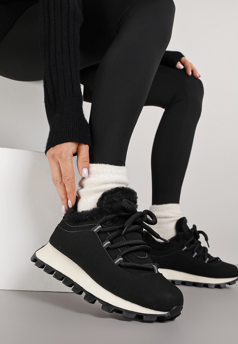 Czarne Sneakersy Typu Śniegowce na Tłoczonej Platformie Sierrna