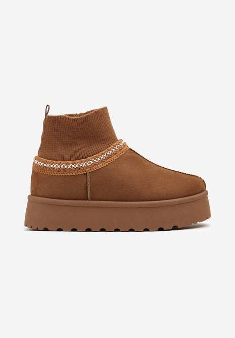 Brązowe Śniegowce na Platformie ze Skarpetową Cholewką Erevelis