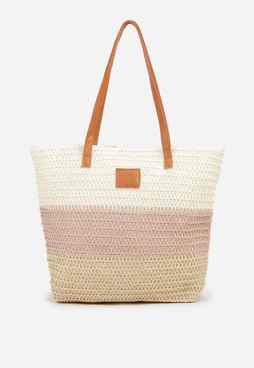 Różowo-Beżowa Duża Torebka Jednokomorowa na Suwak o Plecionym Fasonie Kastra