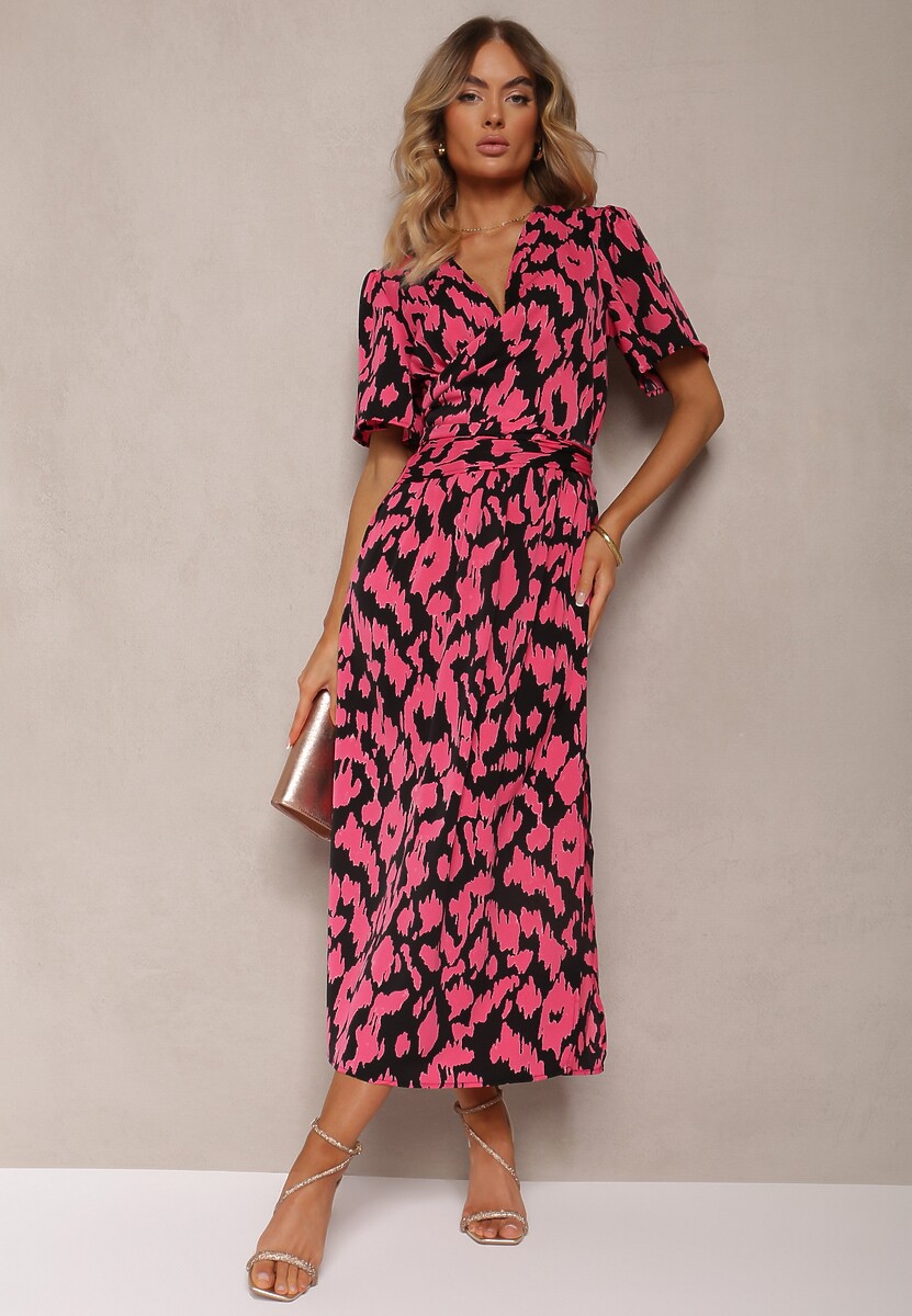 Czarno-Różowa Sukienka z Kopertowym Dekoltem i Ozdobnymi Wycięciami z Gumką w Pasie i Paskiem Bonlea