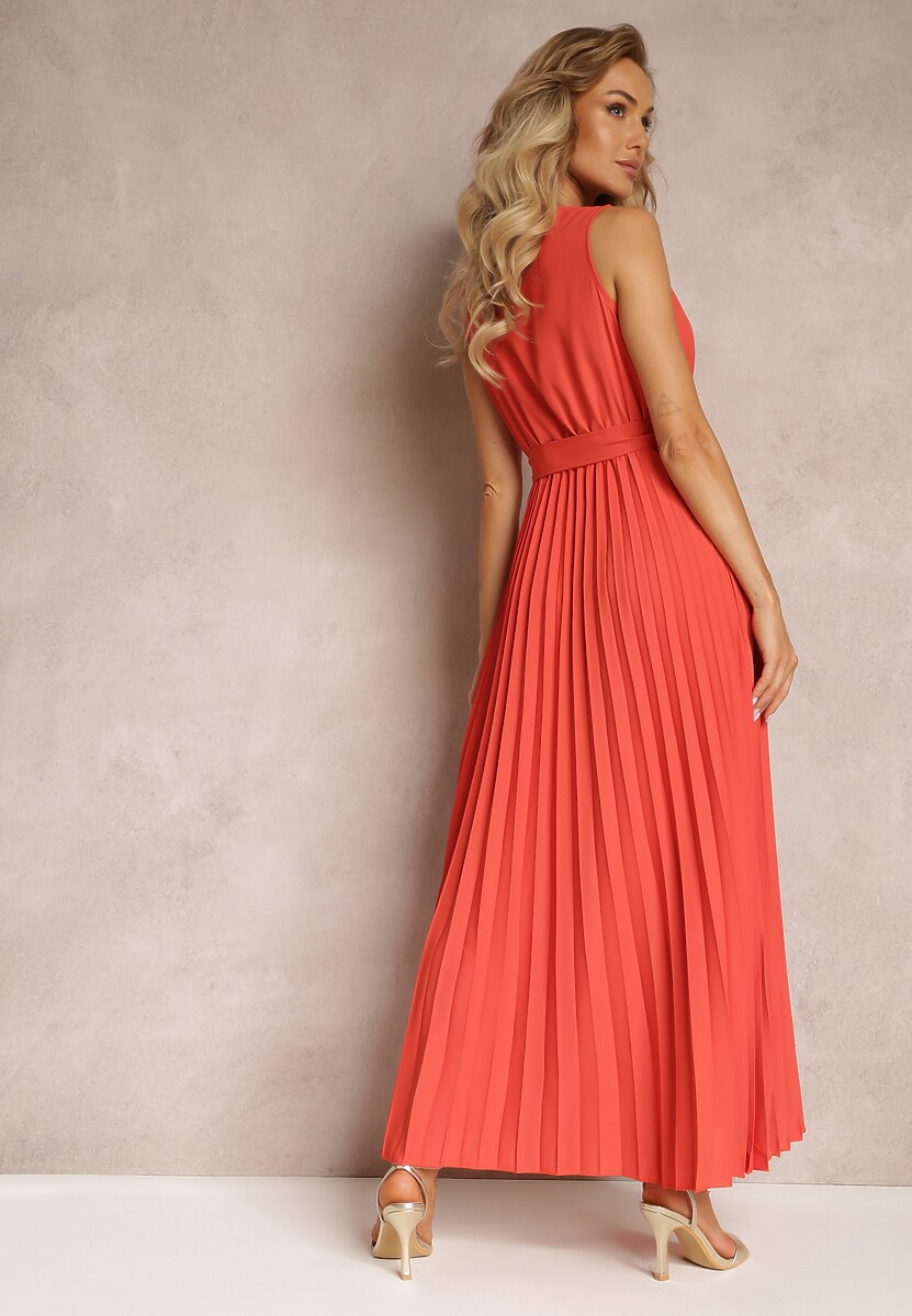 Czerwona Rozkloszowana Sukienka Maxi z Plisowanym Dołem i Gumką w Talii Sare