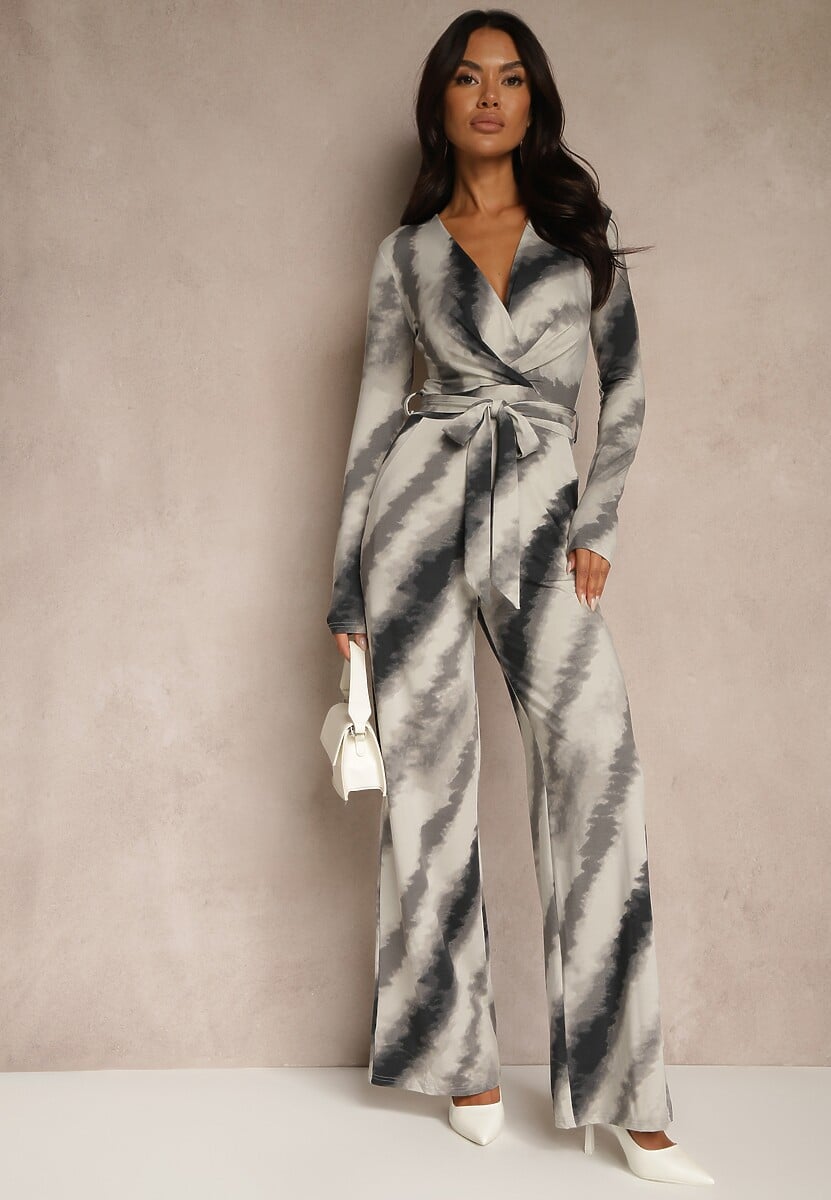 Beżowy Kombinezon z Trójkątnym Dekoltem i Paskiem w Talii Nanthe