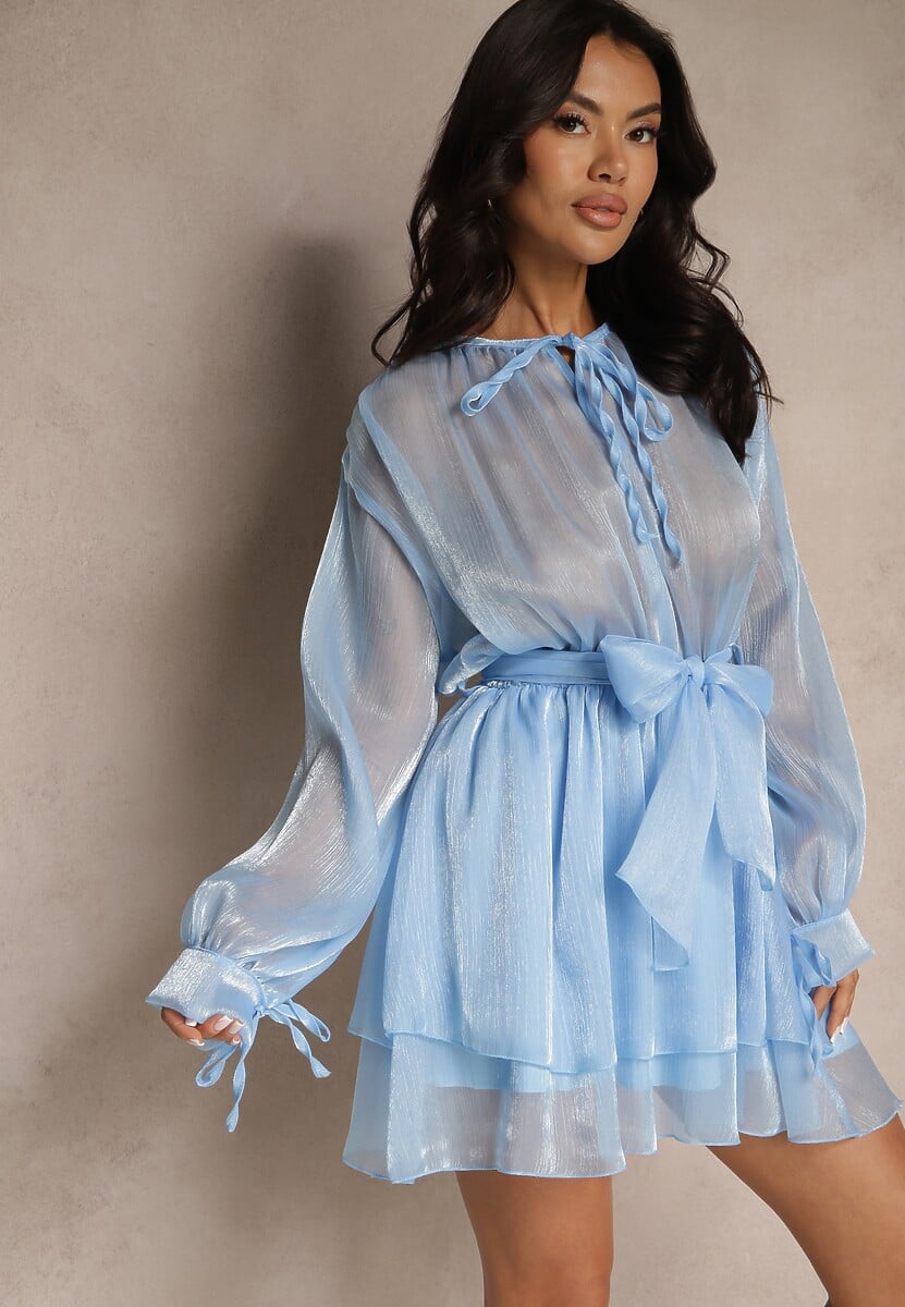 Niebieska Rozkloszowana Sukienka z Paskiem i Wiązaniem Savare