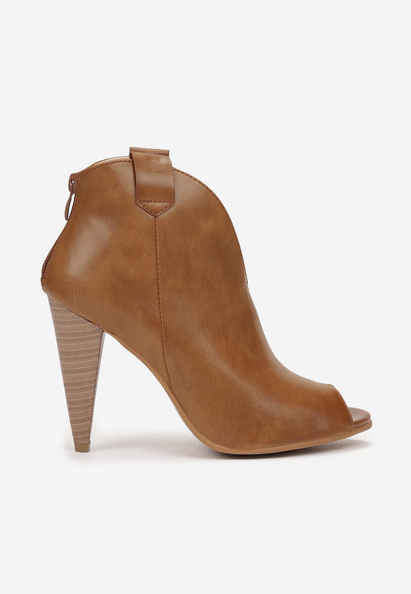 Brązowe Botki na Stożku z Noskiem Peep Toe Rinsali